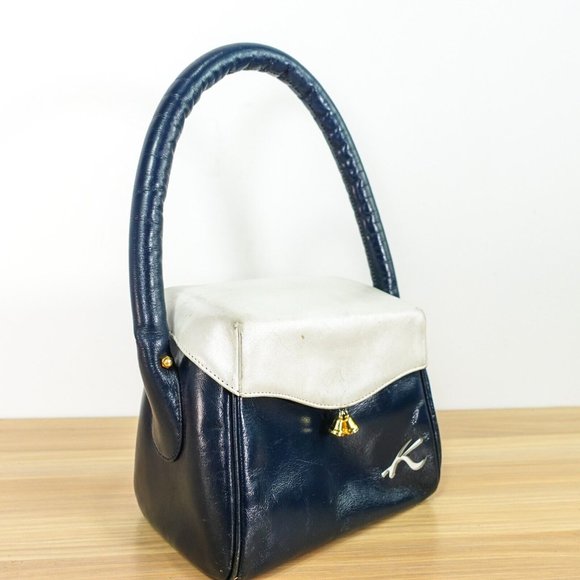 VINTAGE Leather Bag Women Blue Purse Japanese Evening Padded Strap Navy KITAMURA - Picture 1 of 16